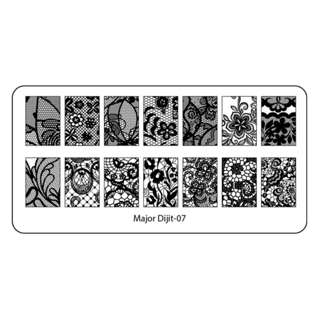 A rectangular nail art stamping plate labeled 'Major Dijit-07' with two rows of black lace and floral pattern samples on a white background.