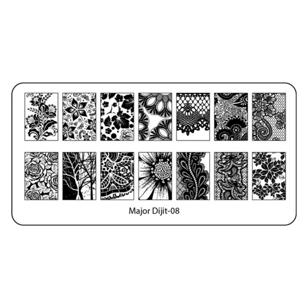 A rectangular nail art stamping plate labeled 'Major Dijit-08' with 16 black-and-white floral and paisley pattern squares arranged in two rows on a white background.