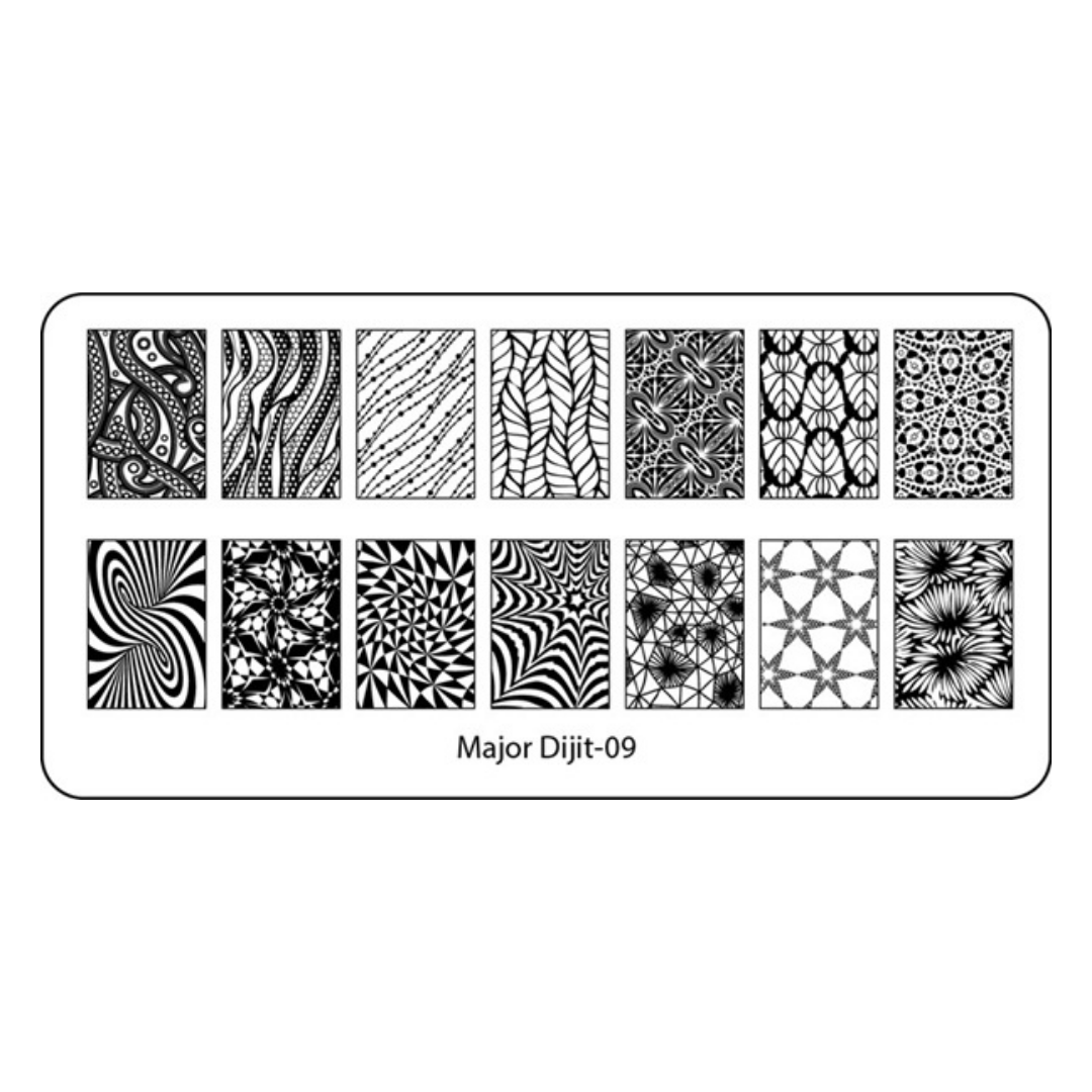 A rectangular nail art stamping plate shown on a white background, featuring 16 black-and-white floral and geometric nail art patterns arranged in two rows, with the text 'Major Dijit-09' centered below.