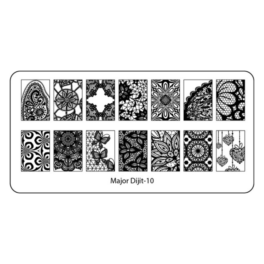 A black and white nail stamping plate labeled 'Major Dijit-10', featuring 12 different ornate lace and floral stamp designs arranged in two rows on a white background.