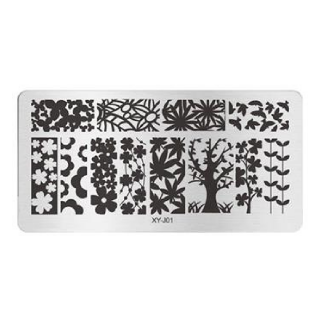 A rectangular metal stamping plate with rounded corners, featuring multiple black floral and botanical stencil patterns arranged in rows. The plate has the text 'XYJ-01' printed near the bottom center.