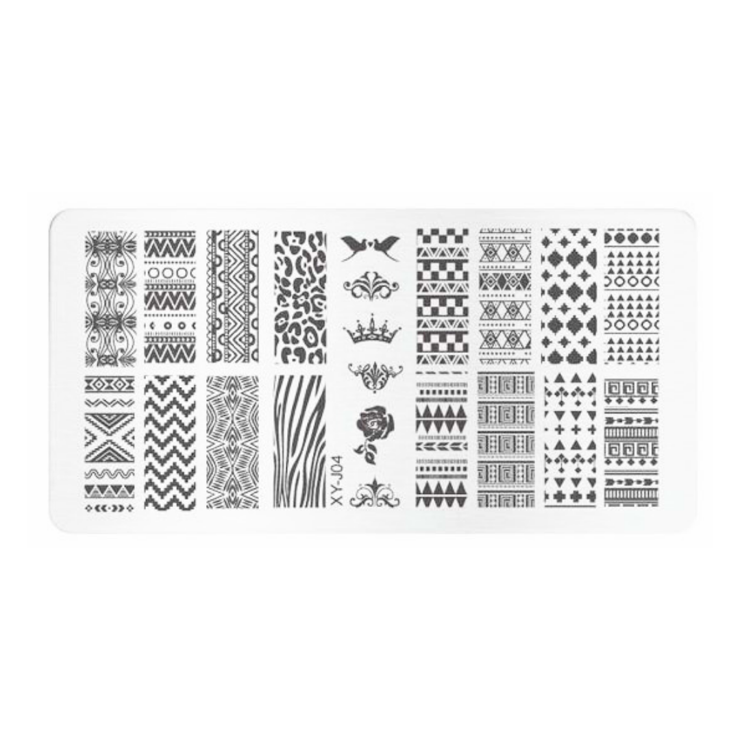 A rectangular white nail stamping plate with multiple columns of black geometric, tribal, floral, and decorative stamp patterns, shown on a plain white background.