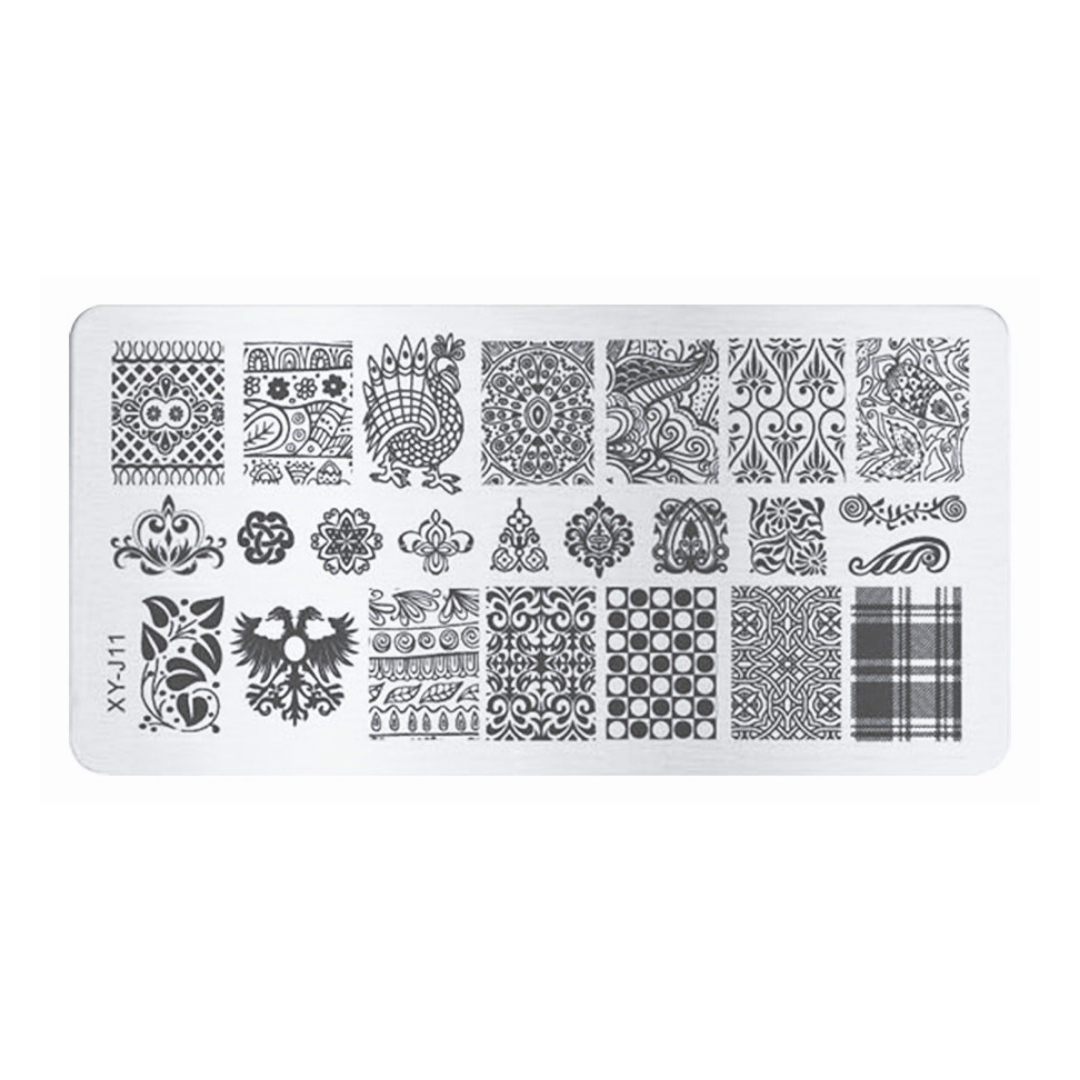 A rectangular white nail stamping plate with multiple columns of black geometric, tribal, floral, and decorative stamp patterns, shown on a plain white background.