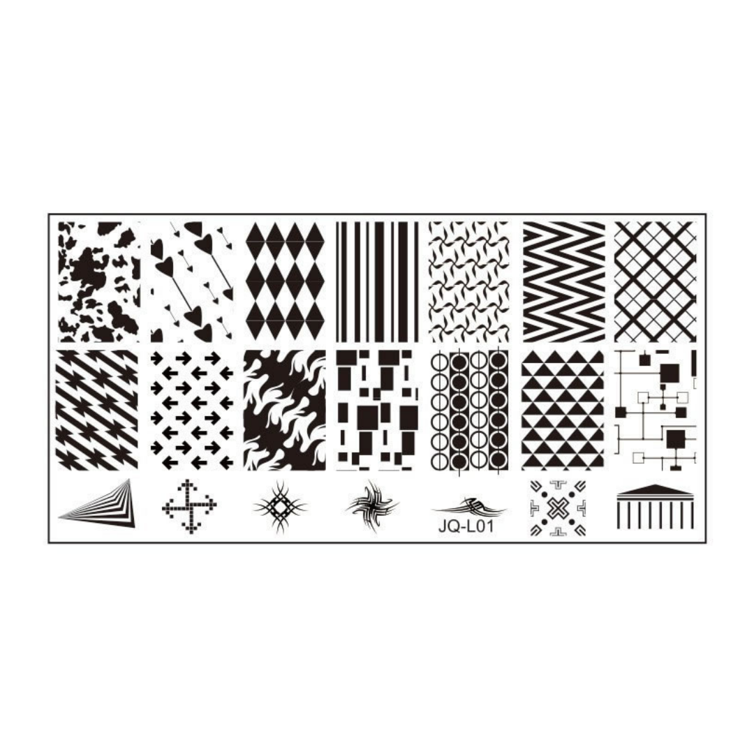 A rectangular white nail stamping plate with multiple columns of black geometric, tribal, and decorative stamp patterns, shown on a plain white background.