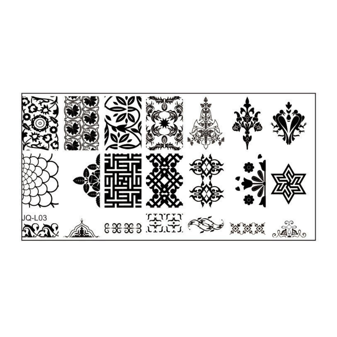 A rectangular white nail stamping plate with multiple columns of black geometric, tribal, floral, and decorative stamp patterns, shown on a plain white background.