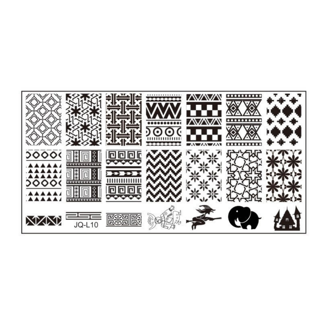 A rectangular white nail stamping plate with multiple columns of black geometric, tribal, floral, and decorative stamp patterns, shown on a plain white background.