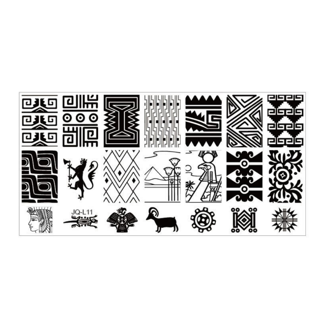 A rectangular white nail stamping plate with multiple columns of black geometric, tribal, and decorative stamp patterns, shown on a plain white background.