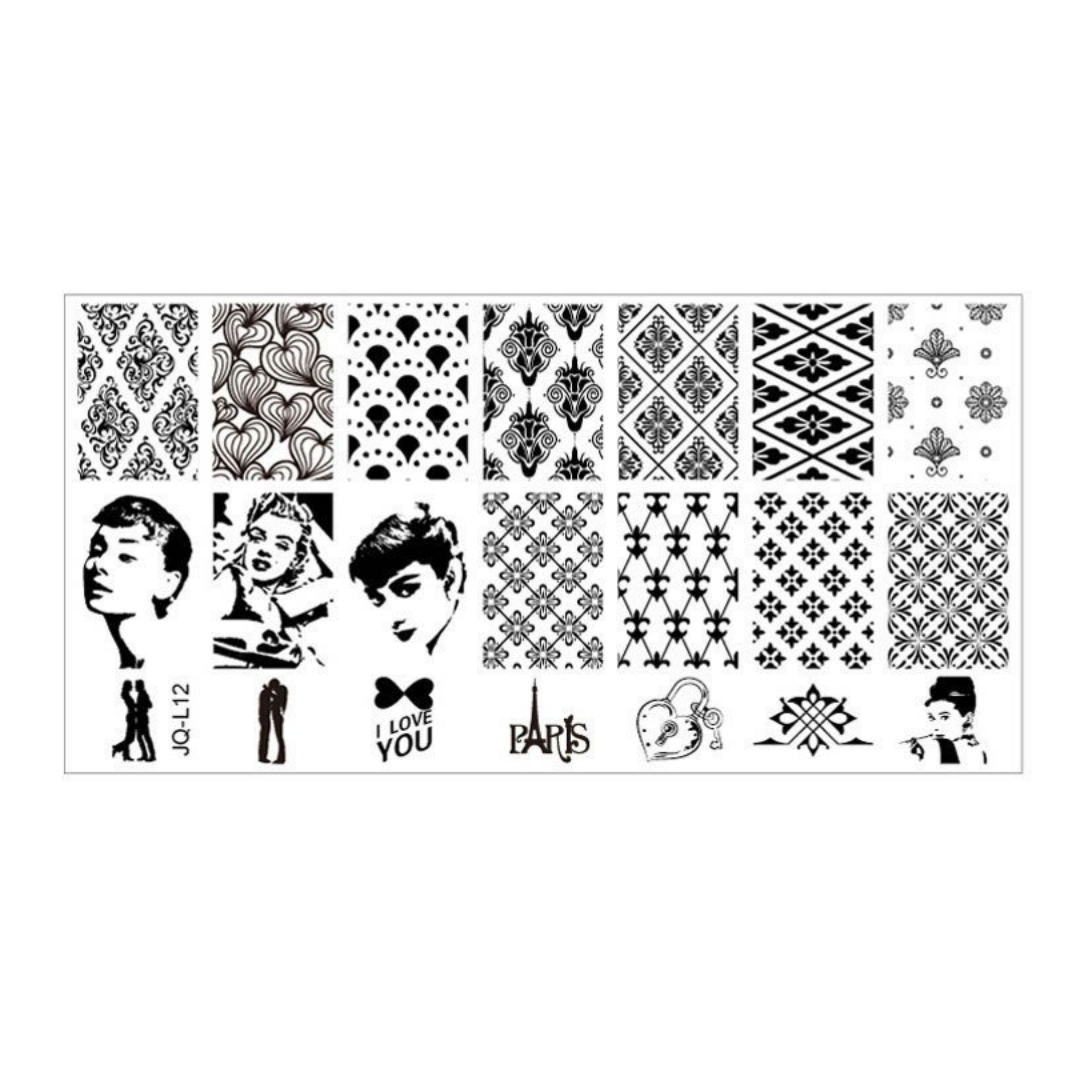 A rectangular sheet of black-and-white decorative nail art stamp designs on a plain white background. The sheet contains multiple ornamental patterns, stylized face illustrations, small human figures, and text including 'I LOVE YOU', 'PARIS', and 'JO-LI12'.
