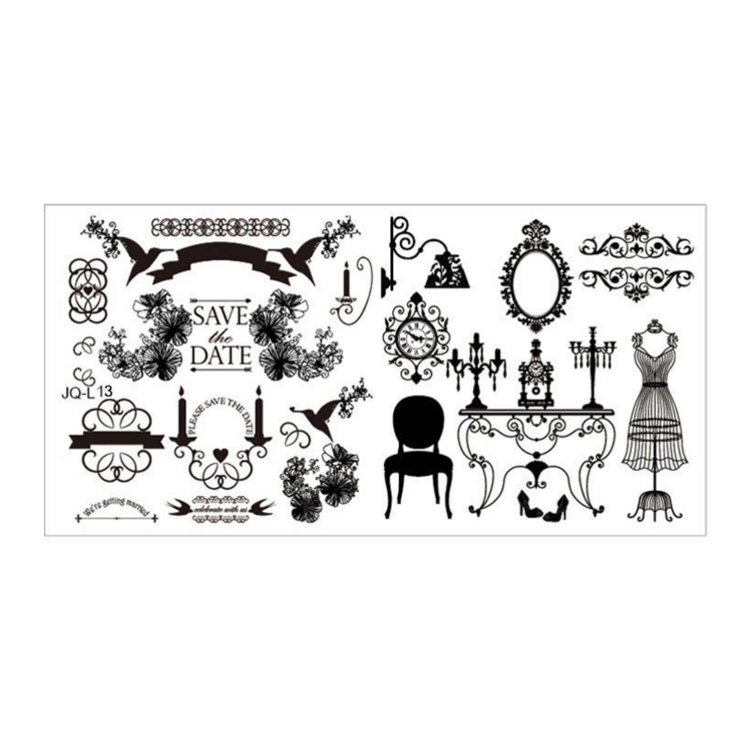A rectangular white nail stamping plate with multiple columns of black floral, and wedding related decorative stamp patterns, shown on a plain white background.