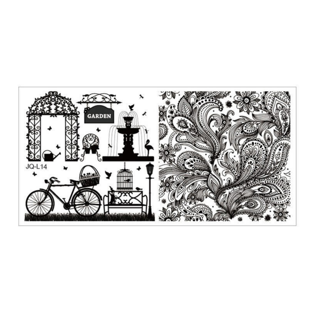 A rectangular white nail stamping plate with multiple columns of black geometric floral, and garden related decorative stamp patterns, shown on a plain white background.