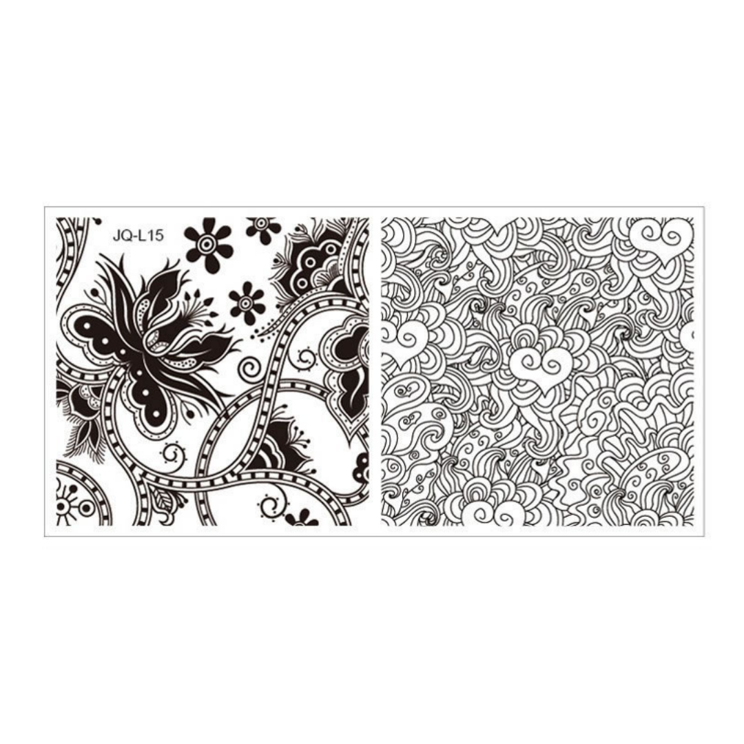 A black and white decorative stencil or transfer sheet with two panels: one featuring a butterfly and floral paisley motif labeled JQ-L15, and the other showing an intricate swirling cloud-like pattern.