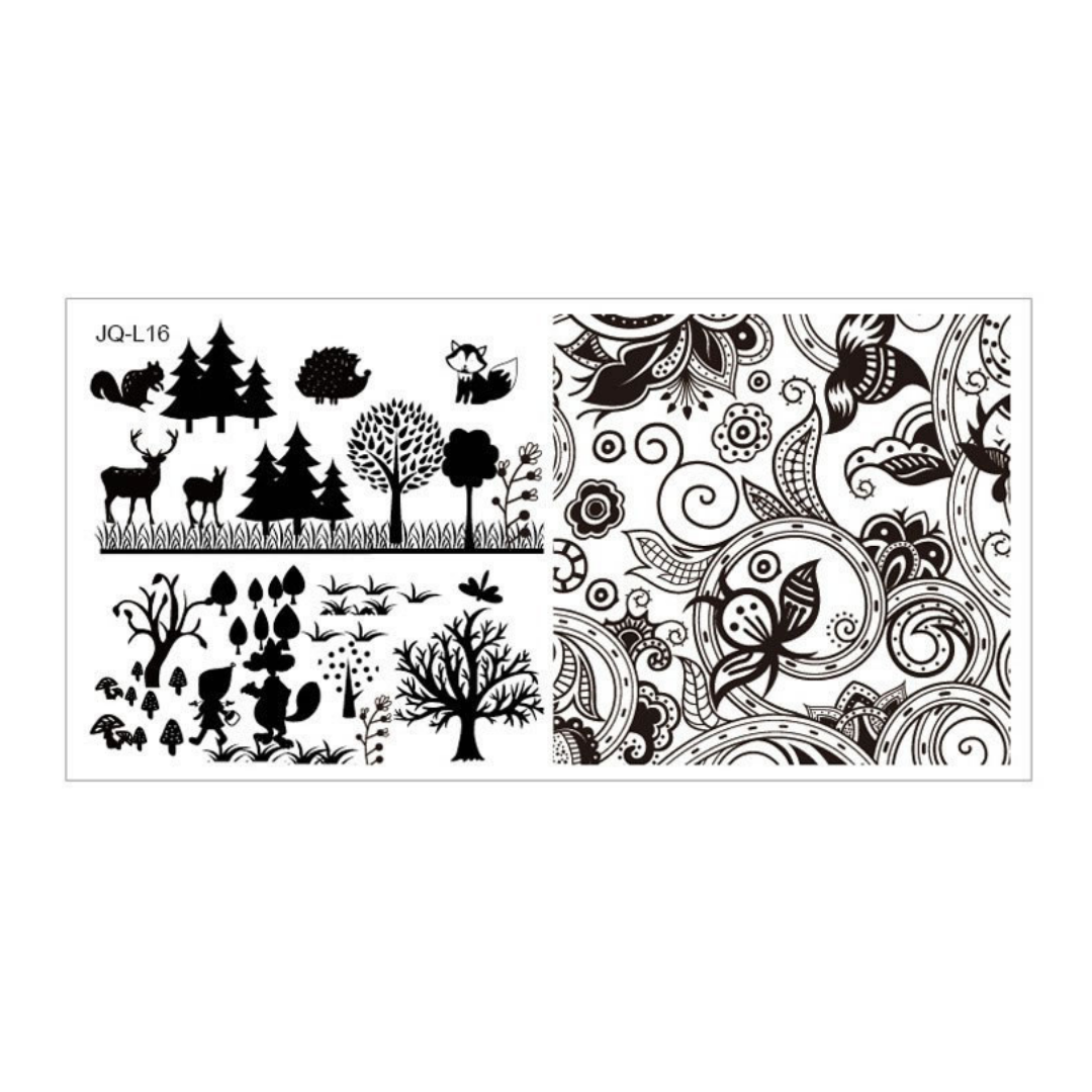 A rectangular white nail stamping plate with two columns of black geometric, nature, floral, and decorative stamp patterns, shown on a plain white background.