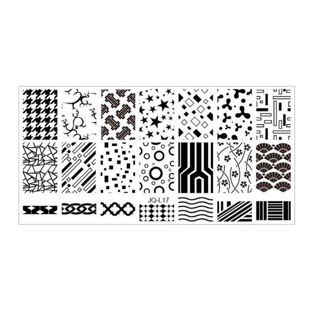 A rectangular white nail stamping plate featuring 24 different black geometric and floral pattern templates, with the model number 'JQ-L17' and code 'S252' printed on it, shown against a plain white background.