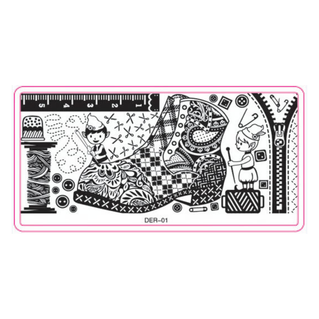 A rectangular black-and-white stamping or printing plate with decorative line-art motifs, including a large patterned boot, zipper elements, a ruler, and small illustrated figures. The plate is centered on a light gray background with the code DER-01 printed near the bottom.