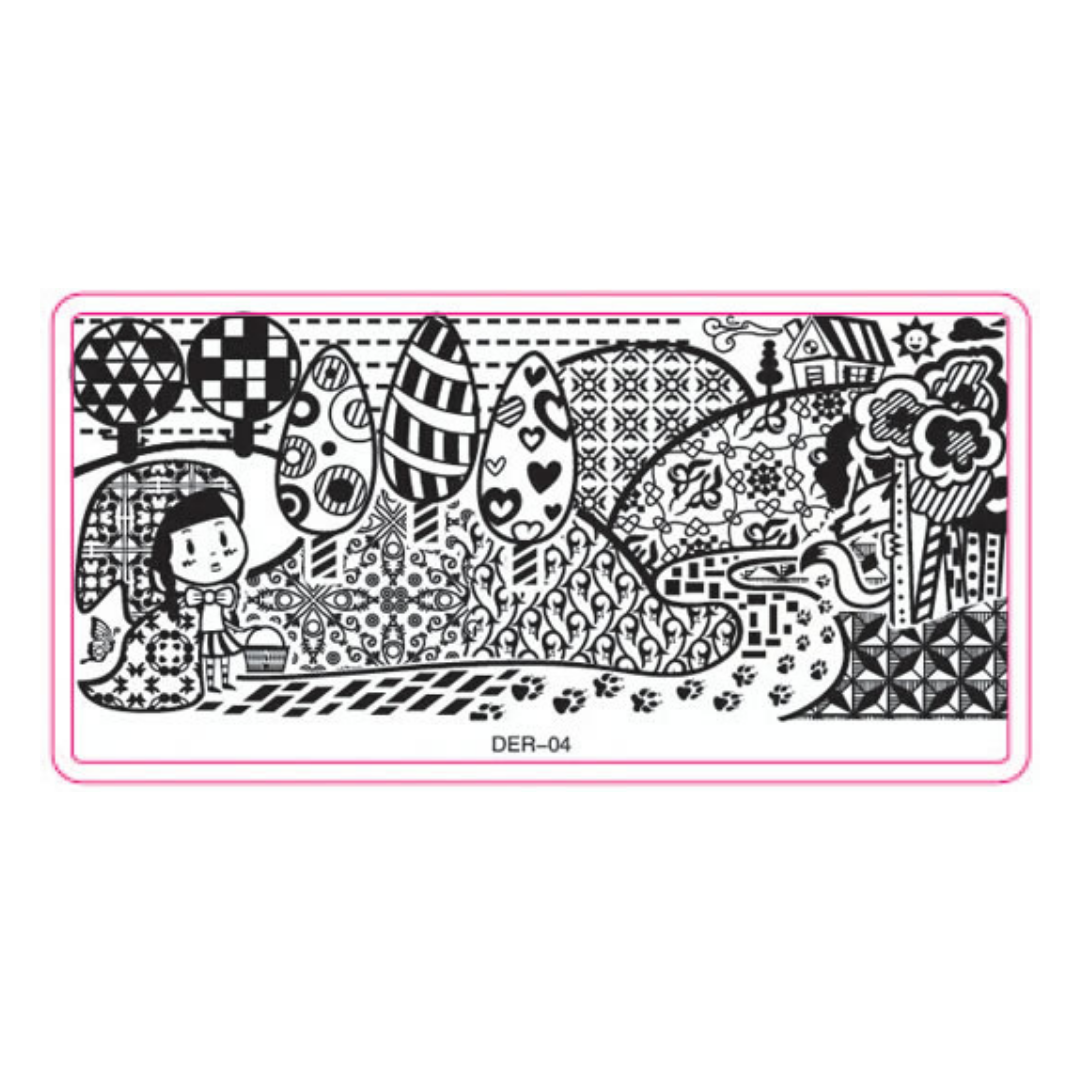A rectangular black-and-white decorative stamp or stencil design labeled DER-04, featuring a whimsical illustrated scene with a girl, patterned Easter eggs, trees, and abstract motifs, shown on a white background with a pink border outline.