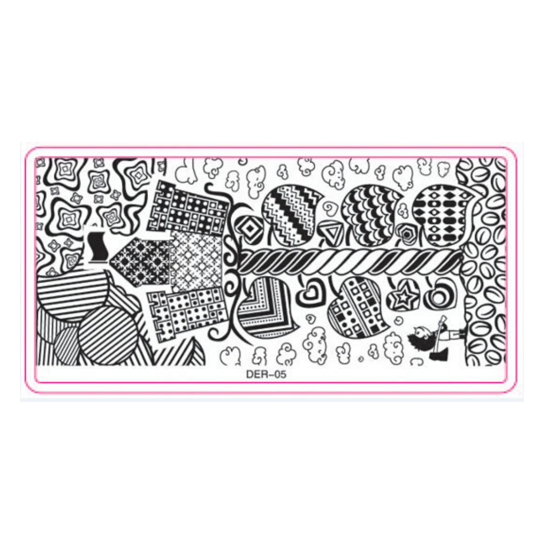 A rectangular nail stamping plate with black-and-white abstract doodle patterns and a pink border, shown on a plain white background. The text 'DER-06' appears near the bottom center.