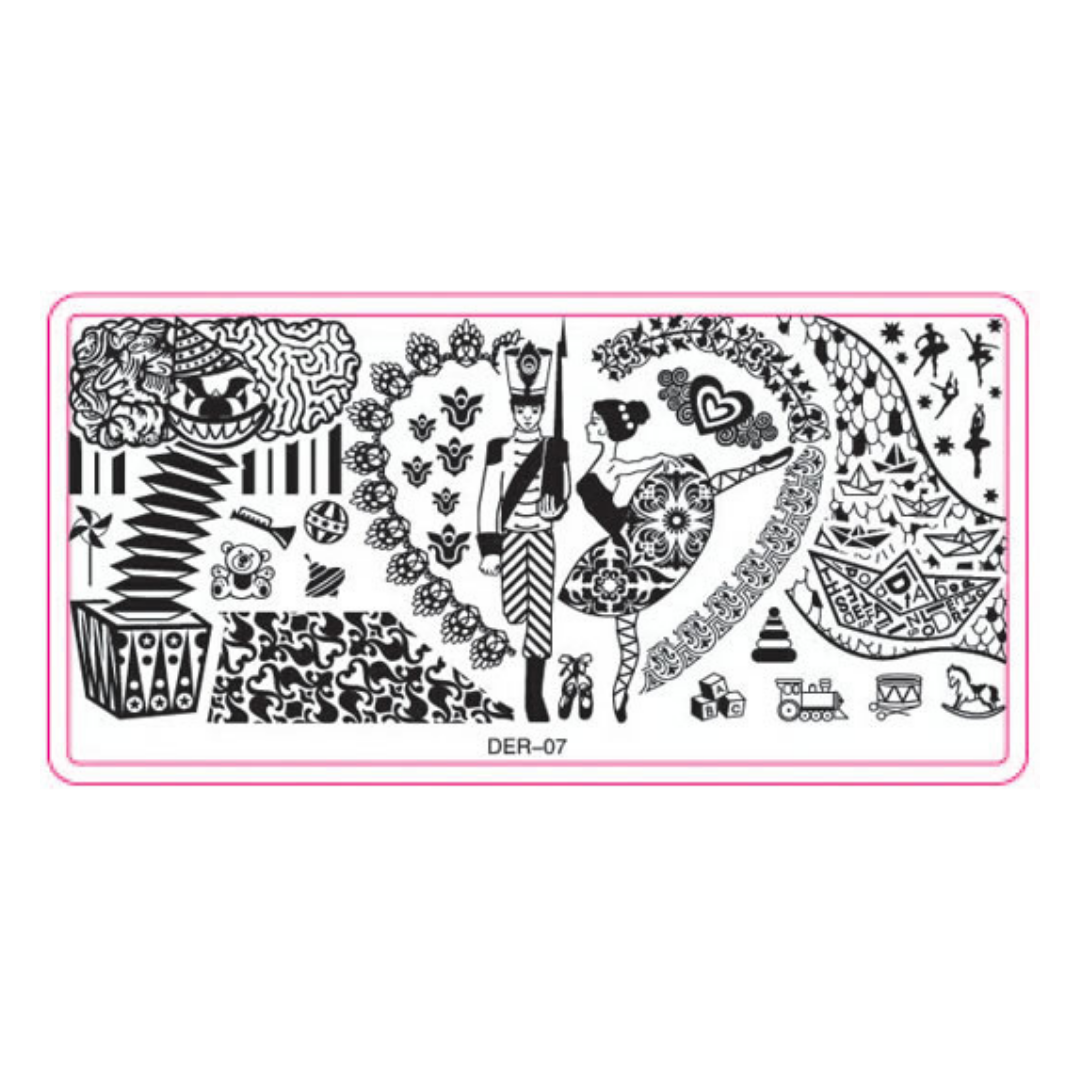 A rectangular black-and-white decorative stamp or stencil design with a pink border, featuring many small illustrated motifs including a soldier, dancing figures, trees, stripes, and small objects. The text 'DER-07' appears near the bottom center.