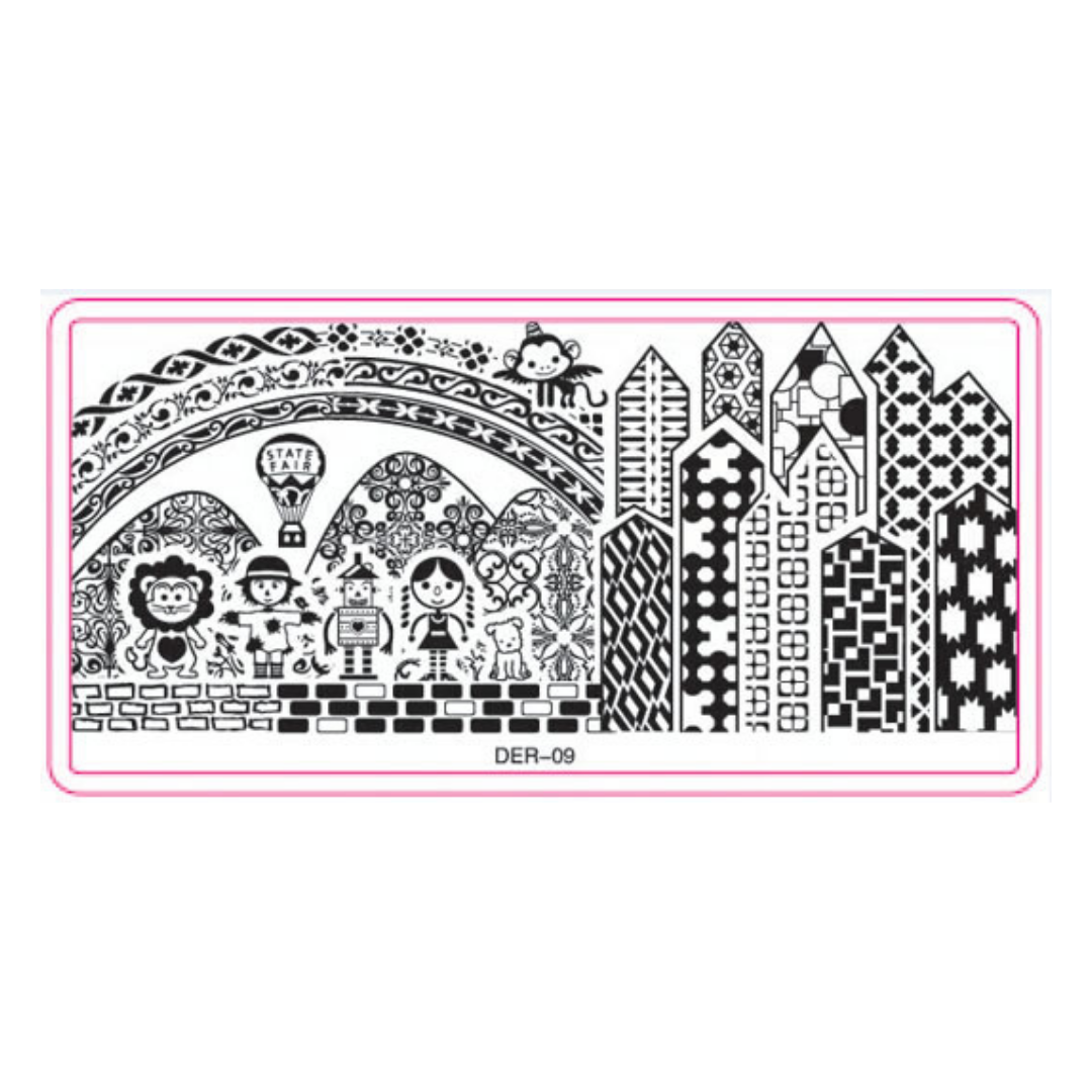 A rectangular black-and-white decorative stamp or stencil design with a pink border, featuring stylized cartoon figures, arches, and patterned buildings. The text 'DER-09' appears below the design on a white background.
