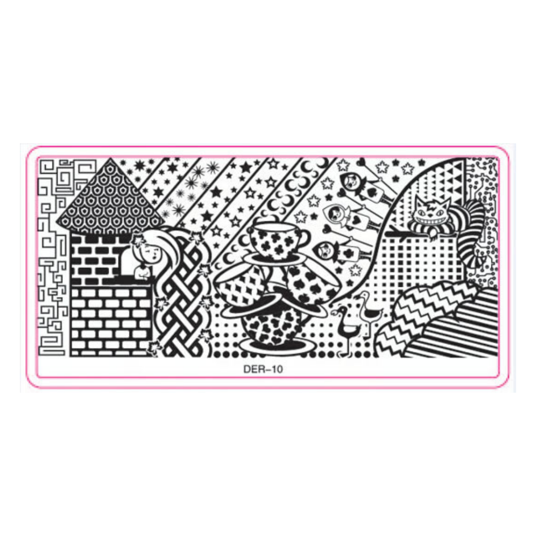A rectangular black metal stamping plate with a pink border, featuring a whimsical black and white patterned design of a castle, cat, teacups, and abstract shapes. The text 'DER-10' is printed at the bottom center.