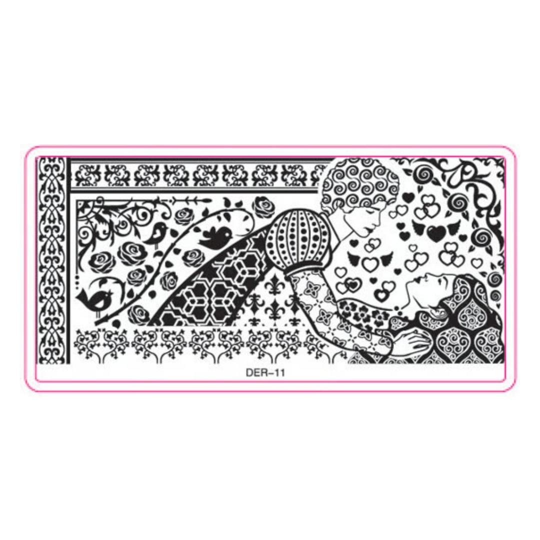 A rectangular black metal stamping plate with an intricate black-and-white floral and figure design, outlined in pink, on a white background. The text 'DER-11' is printed at the bottom center.