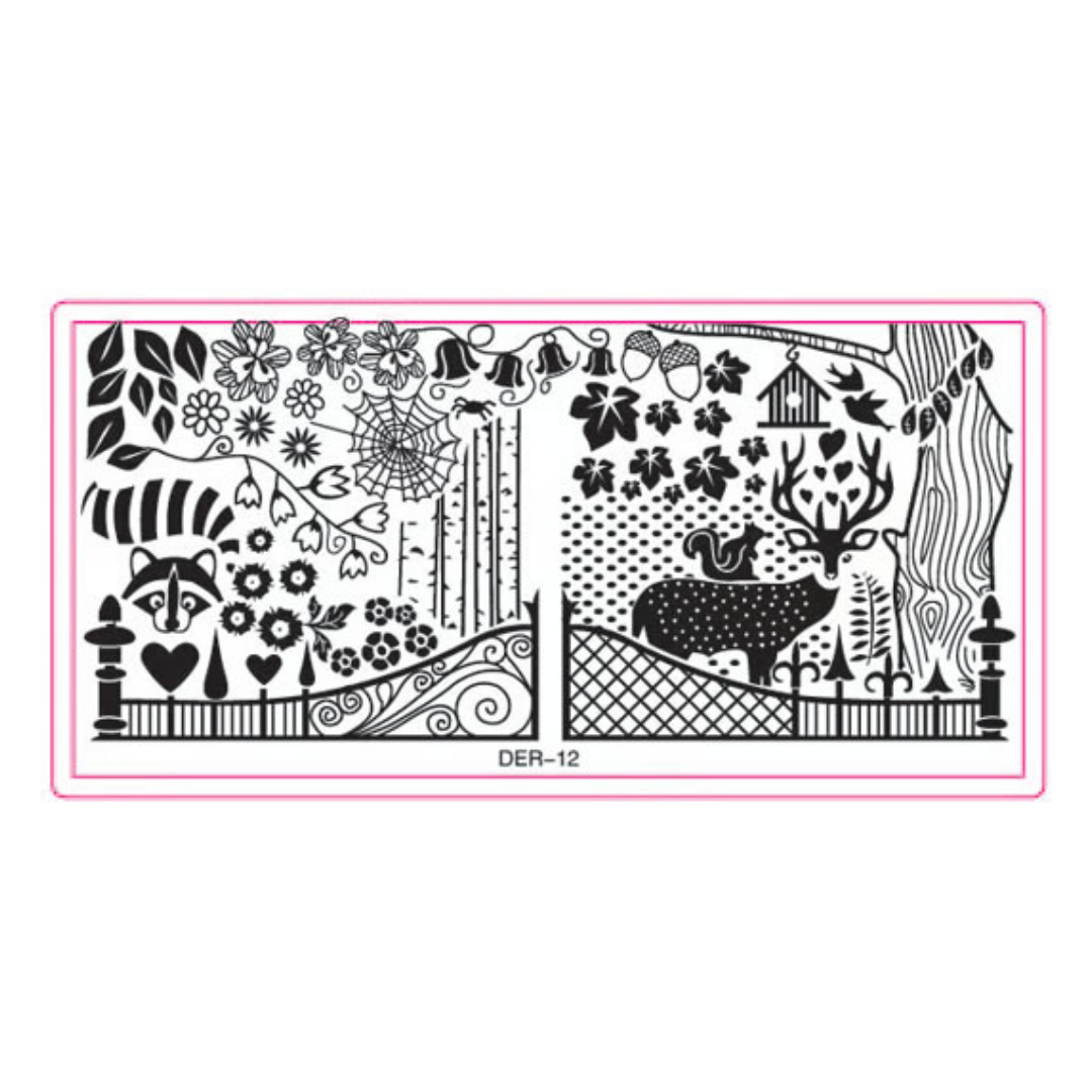 A rectangular black-and-white decorative stencil or stamp design with a pink border, featuring whimsical nature motifs including a raccoon, flowers, birds, a deer, trees, and a gate. The text 'DER-12' appears below the design on a white background.