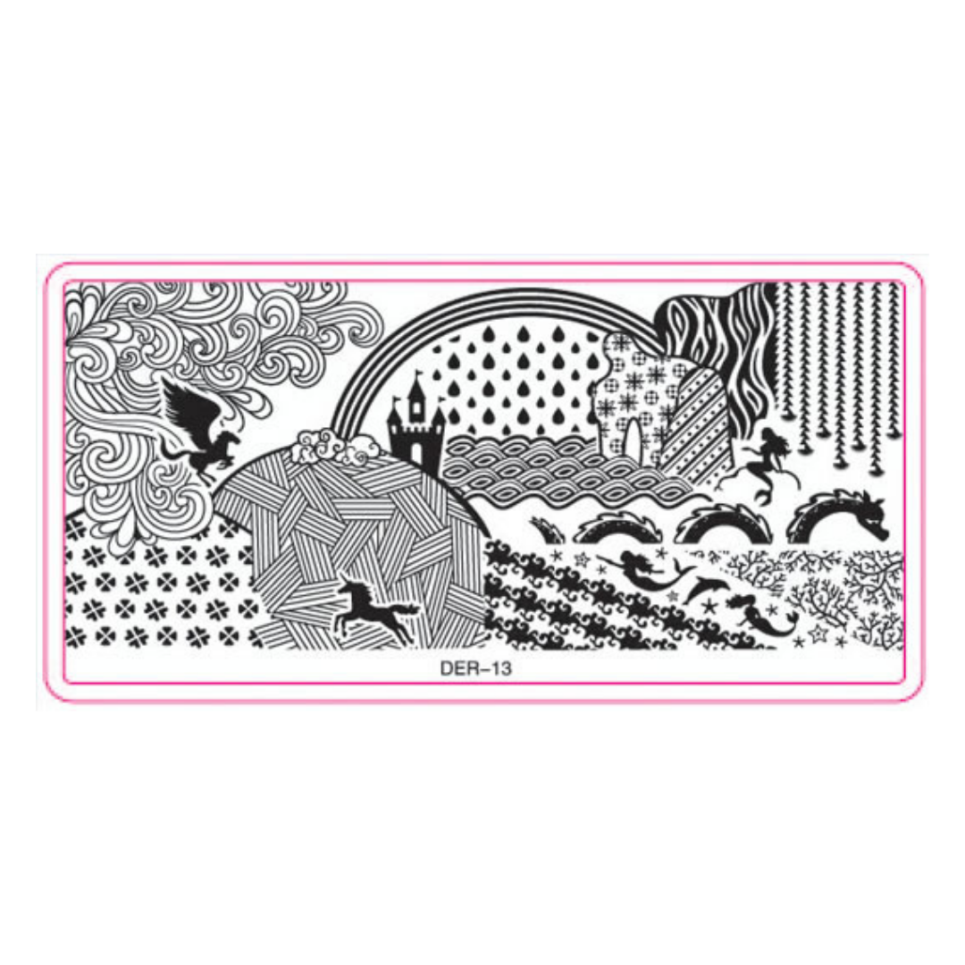A rectangular black-and-white decorative stencil or stamp design with a pink border, featuring whimsical illustrated scenes including a castle, waves, birds, and floral motifs. The text 'DER-13' appears below the artwork on a white background.