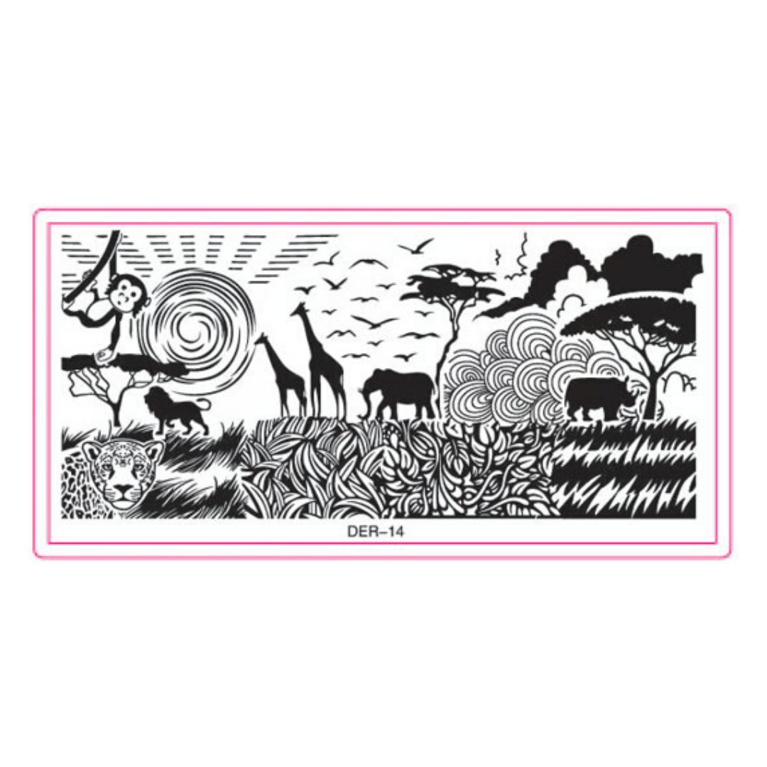 A rectangular black and white safari-themed art print or stencil with a pink border, featuring silhouettes of giraffes, an elephant, a lion, a monkey, birds, trees, and abstract patterns. The text 'DER-14' is printed at the bottom center.