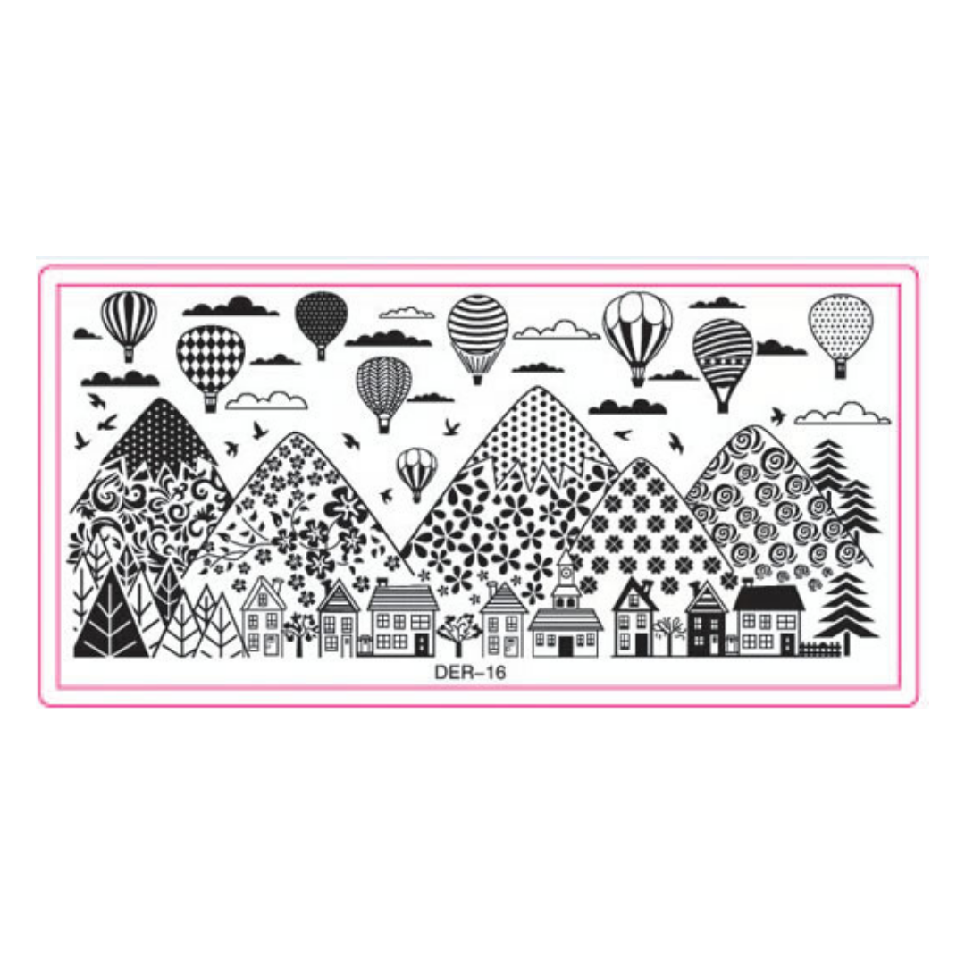 A rectangular black-and-white scenic pattern with mountains, houses, trees, clouds, birds, and hot air balloons, shown on a white background with a pink border and the text DER-16 below.