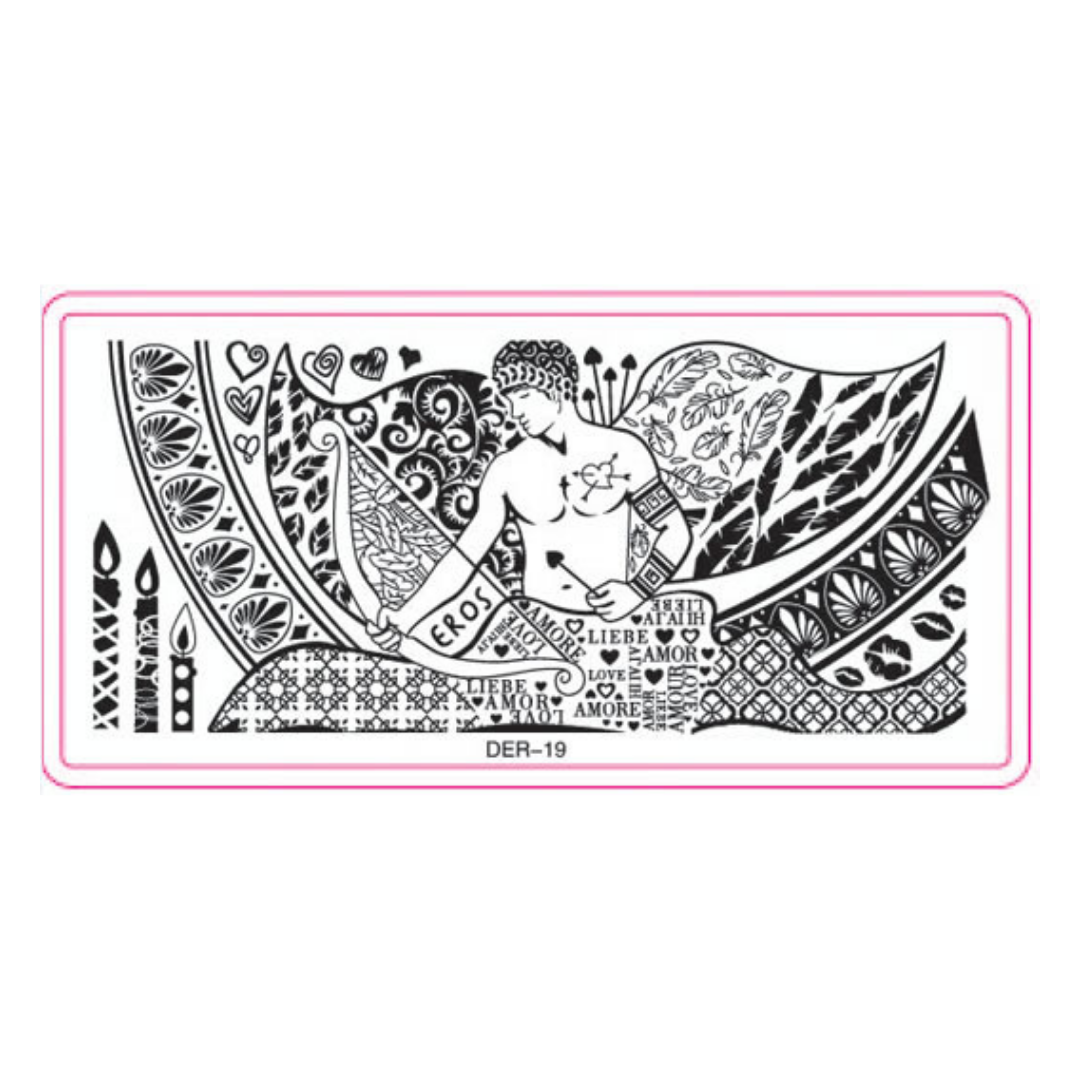A black and white stencil or decal template featuring a winged angel design with ornate patterns, hearts, and French words like 'Eternel', 'Liebre', and 'Sabor'. The design is framed by a pink border on a white background, with the code 'DER-19' printed below.