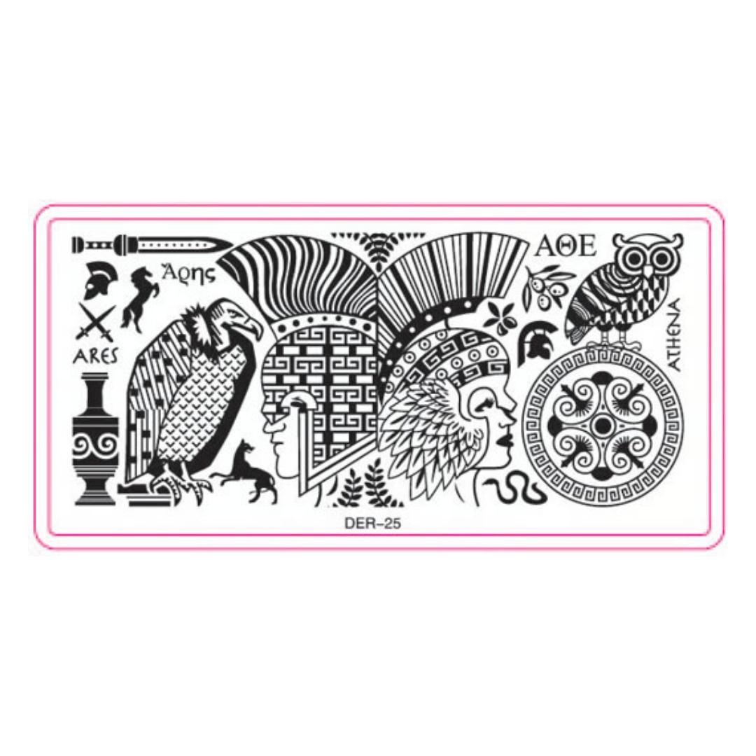 A rectangular black-and-white decorative nail art stencil design with ancient Greek-inspired motifs, including a vulture, owl, helmet, vase, and the words ARES, AΘE, and ATHENA, framed by a pink border on a white background.