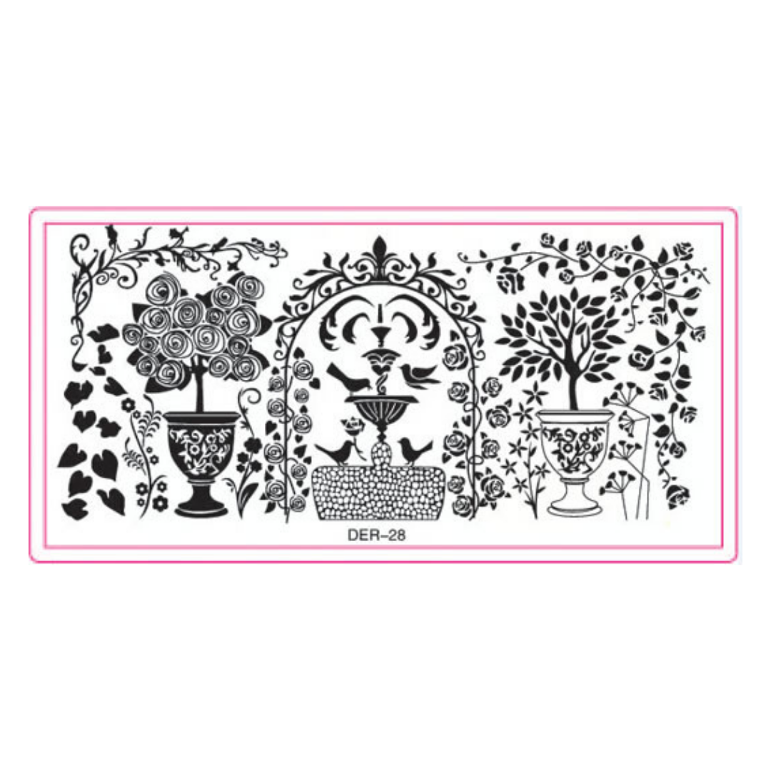 A rectangular black-and-white decorative nail art stencil design with floral and bird motifs inside a pink border, labeled DER-28 at the bottom center, on a white background.