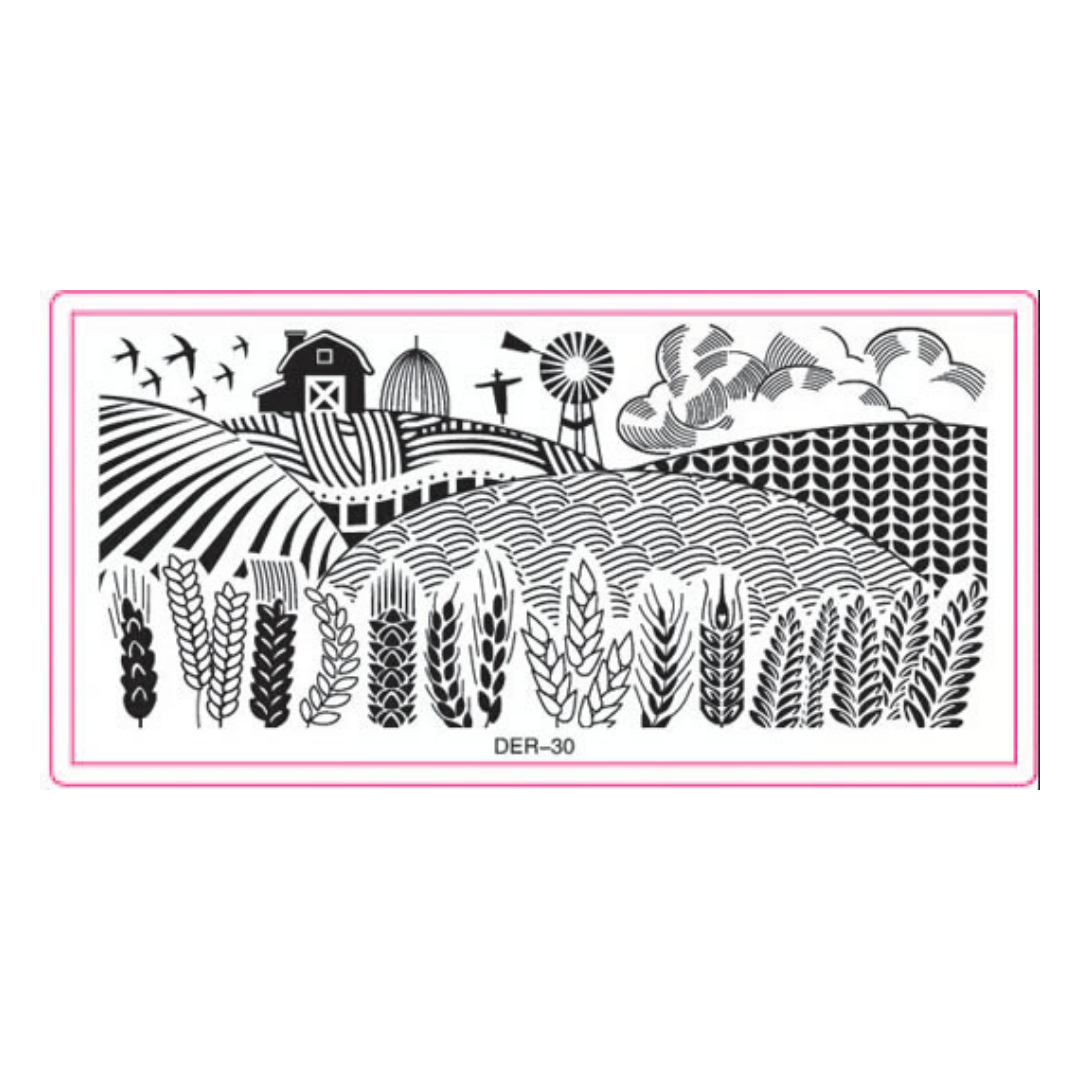 A rectangular black-and-white scenic nail art stamping plate with a pink border, showing a stylized farm landscape with barns, windmill, clouds, and rows of wheat. The text 'DER-30' appears below the artwork on a white background.