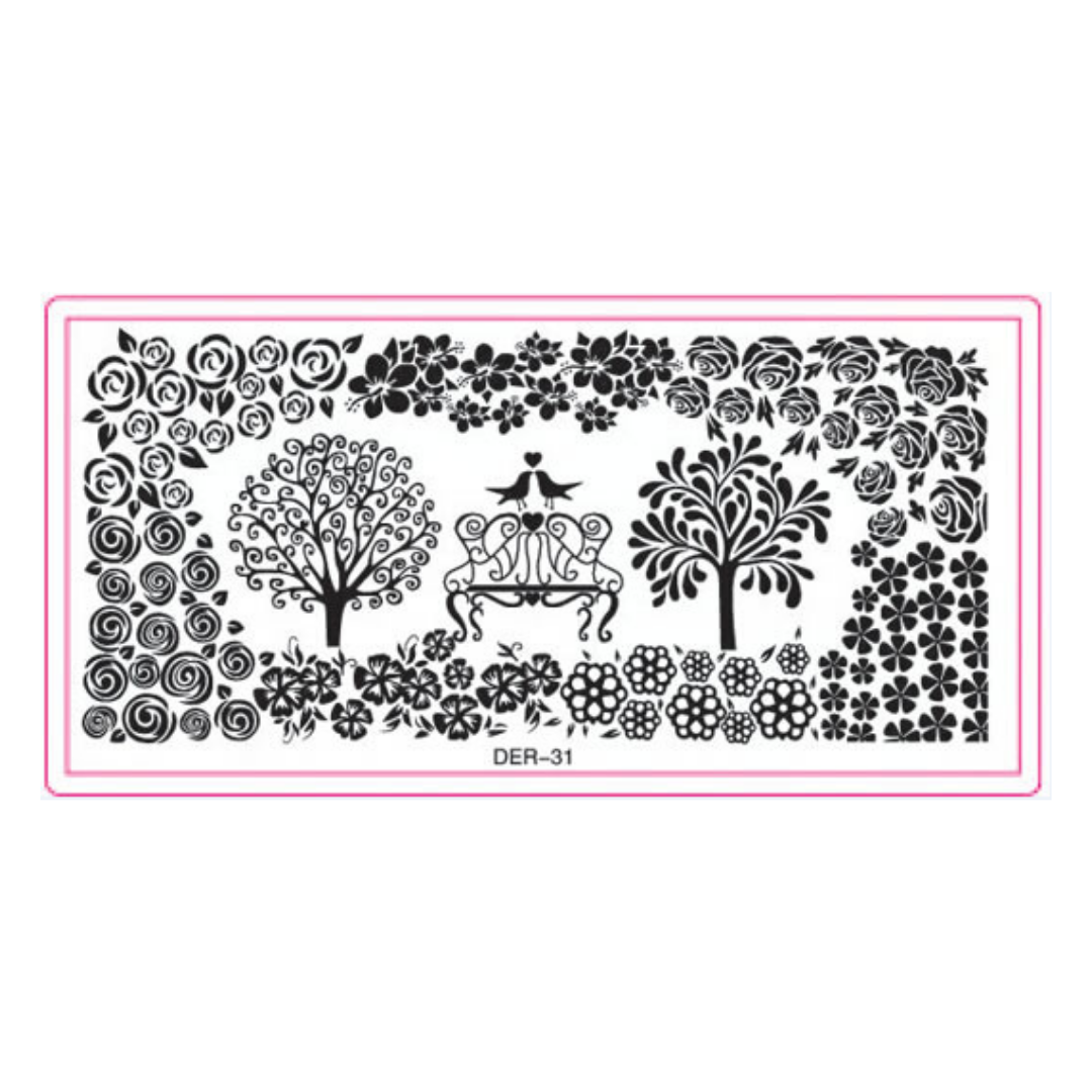 A rectangular black-and-white floral and tree-themed nail art stamping plate design with the code DER-31 printed at the bottom center, shown on a white background with a thin pink border around the design area.