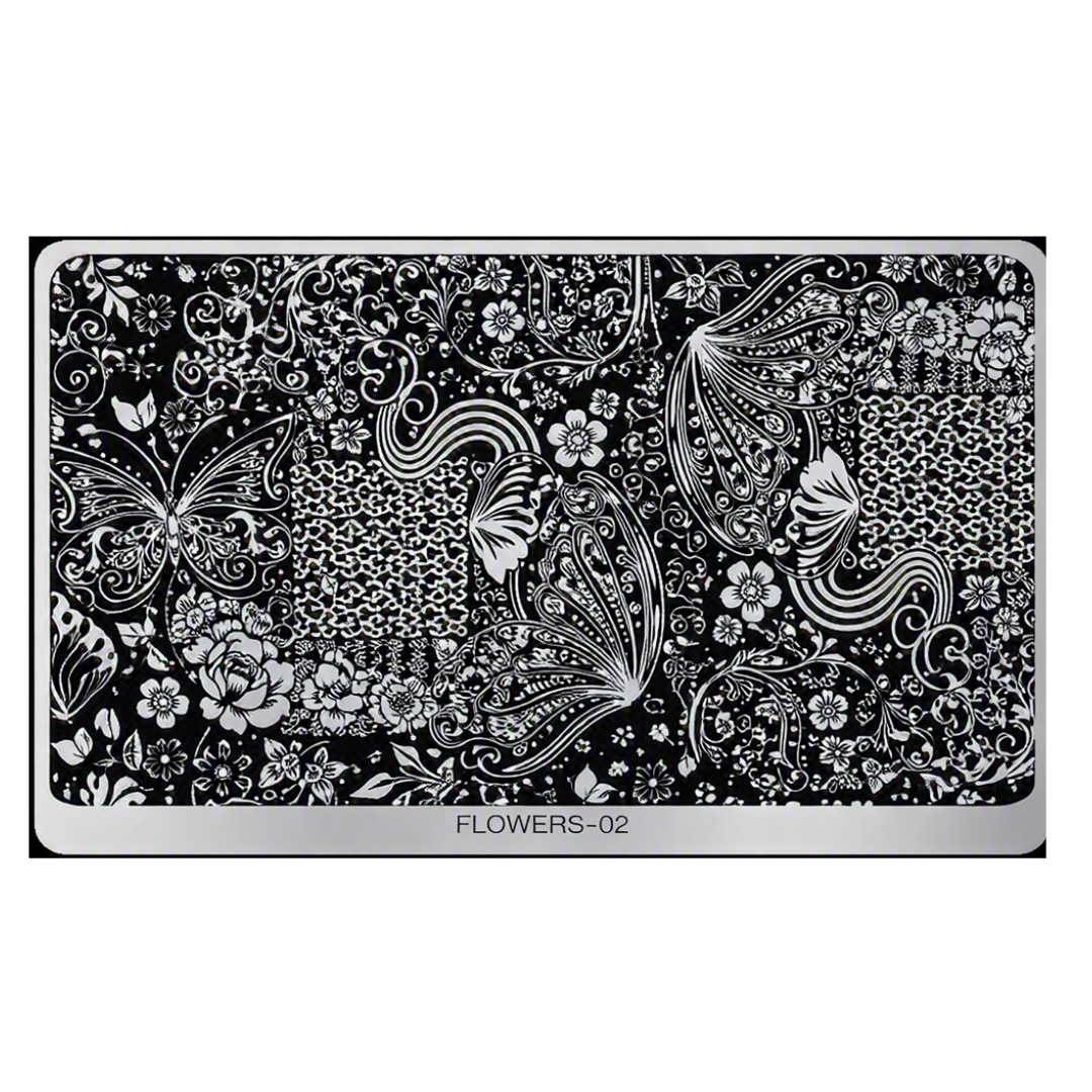 A rectangular metal nail art stamping plate with a black and white floral pattern, labeled 'FLOWERS-02' at the bottom, shown against a plain white background.