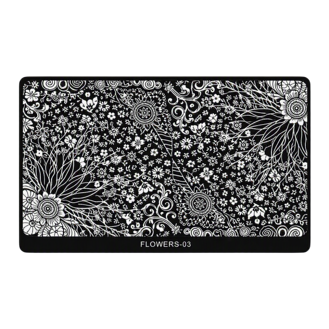 A rectangular black metal nail art stamping plate featuring an intricate white floral and scroll pattern, with the text 'FLOWERS-03' printed at the bottom center, shown against a plain white background.