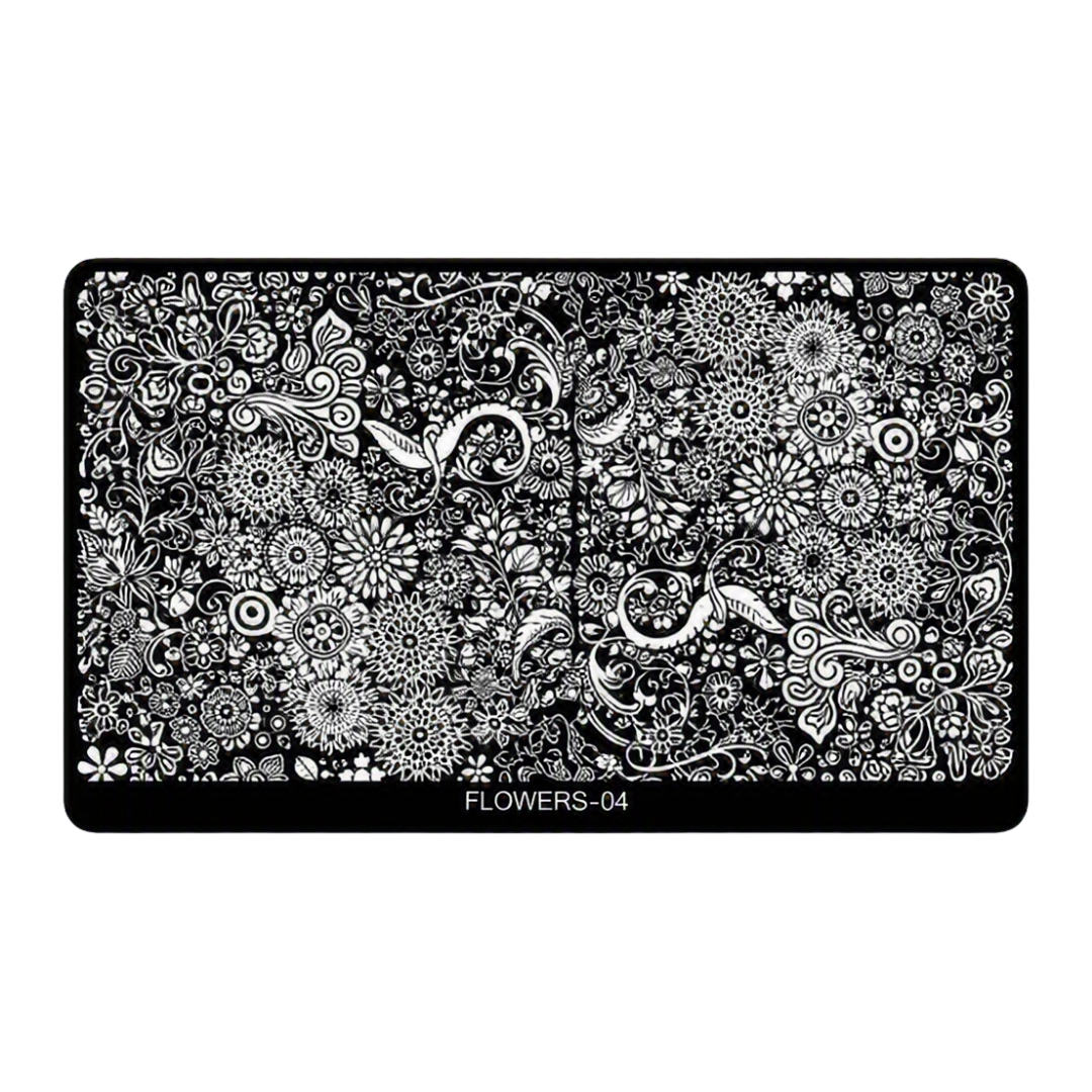 A rectangular black nail stamping plate with an intricate white floral and paisley pattern, labeled 'FLOWERS-04' at the bottom, shown against a plain white background.