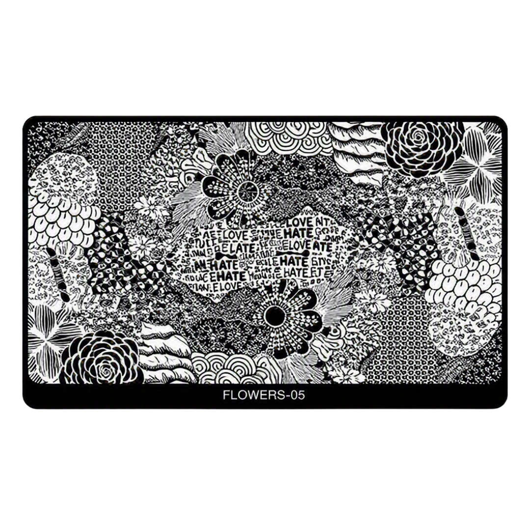 A rectangular black-and-white floral nail art stamping plate with intricate patterns, text motifs, and the model name 'FLOWERS-05' printed at the bottom.
