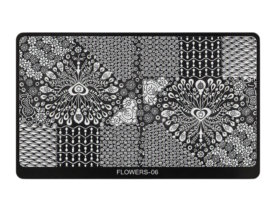 A rectangular black metal nail art stamping plate with intricate black and white floral and geometric patterns, labeled 'FLOWERS-06' at the bottom center, shown against a plain white background.