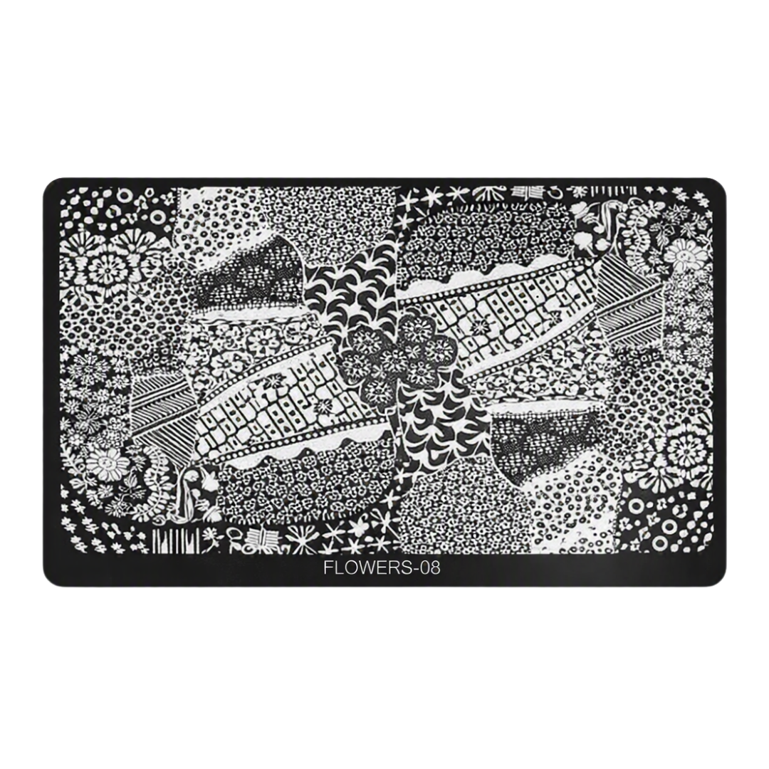 A rectangular black metal nail art stamping plate with an intricate black and white floral and geometric pattern, labeled 'FLOWERS-08' at the bottom center, shown on a plain white background.