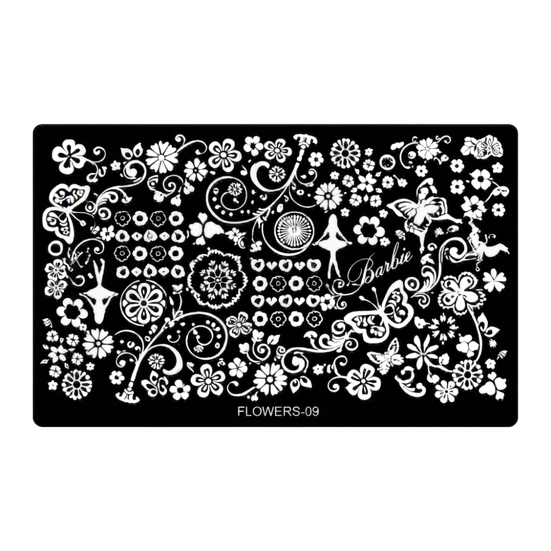 A rectangular black nail stamping plate featuring a dense white floral and scroll pattern, with the text 'Barbie' and 'FLOWERS-09' printed on it, shown against a plain white background.