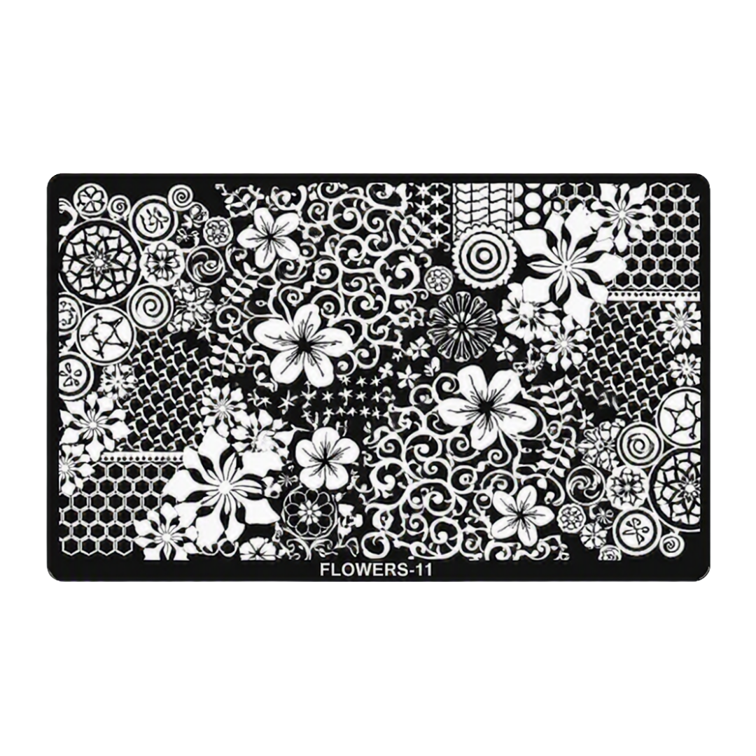 A rectangular black nail stamping plate with an intricate white floral and scroll pattern, labeled 'FLOWERS-11' at the bottom center, shown on a plain white background.