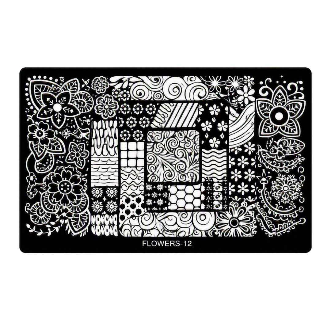 A rectangular black nail art stamping plate with intricate white floral and decorative line patterns, labeled 'FLOWERS-12' at the bottom center, shown on a plain white background.