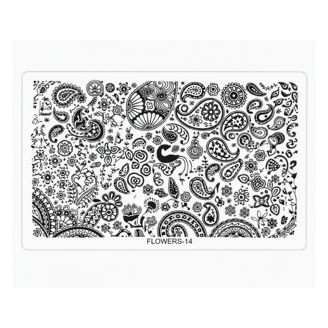 A rectangular nail stamping plate with a black and white paisley and floral pattern, labeled 'FLOWERS-14' at the bottom, shown on a light gray background.