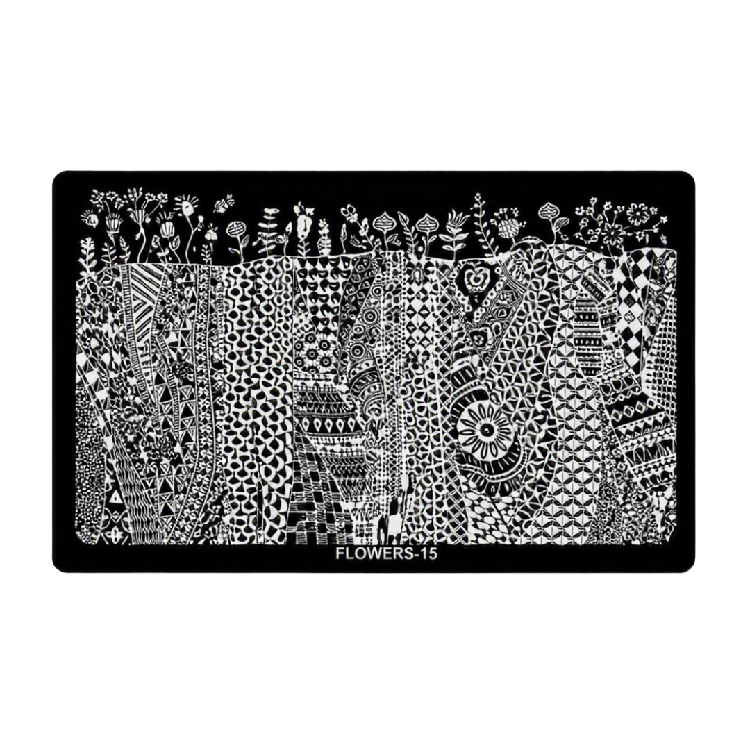 A rectangular black nail stamping plate with intricate white floral and geometric patterns, labeled 'FLOWERS-15' at the bottom, shown on a plain white background.