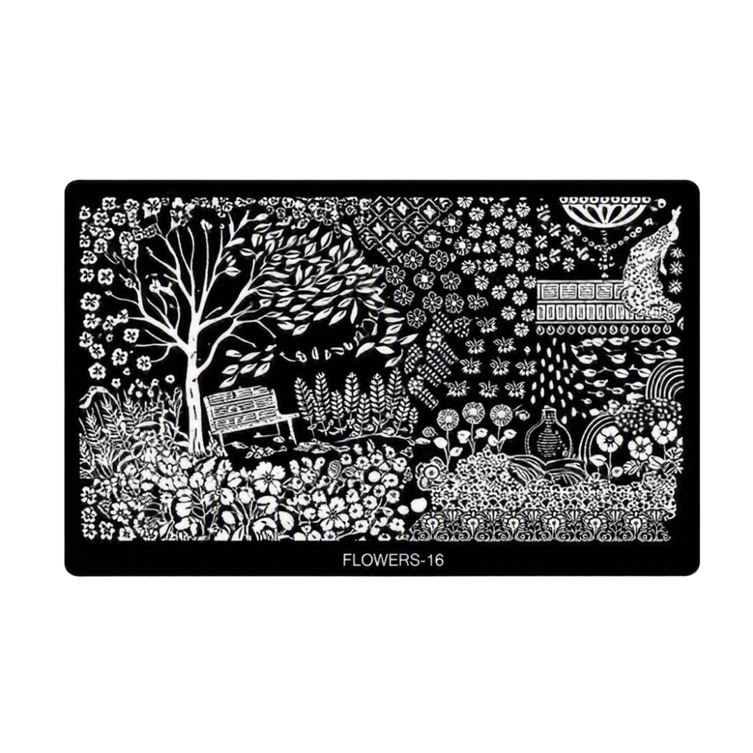 A rectangular black metal nail art stamping plate with intricate white floral and garden illustrations, featuring a tree, bench, flowers, and the text 'FLOWERS-16' at the bottom, shown on a plain white background.