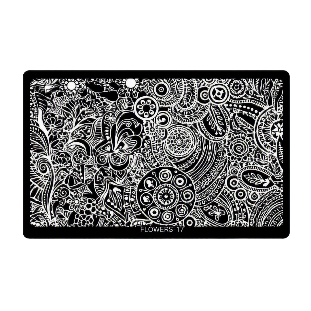 A rectangular black metal nail art stamping plate featuring an intricate white floral mandala pattern, with the text 'FLOWERS-17' printed at the bottom center.