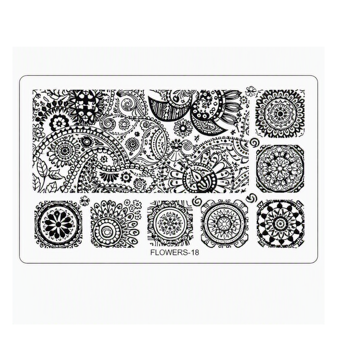 A rectangular metal nail art stamping plate with intricate black floral and paisley line art designs, labeled 'FLOWERS-18' at the bottom center, shown against a plain white background.