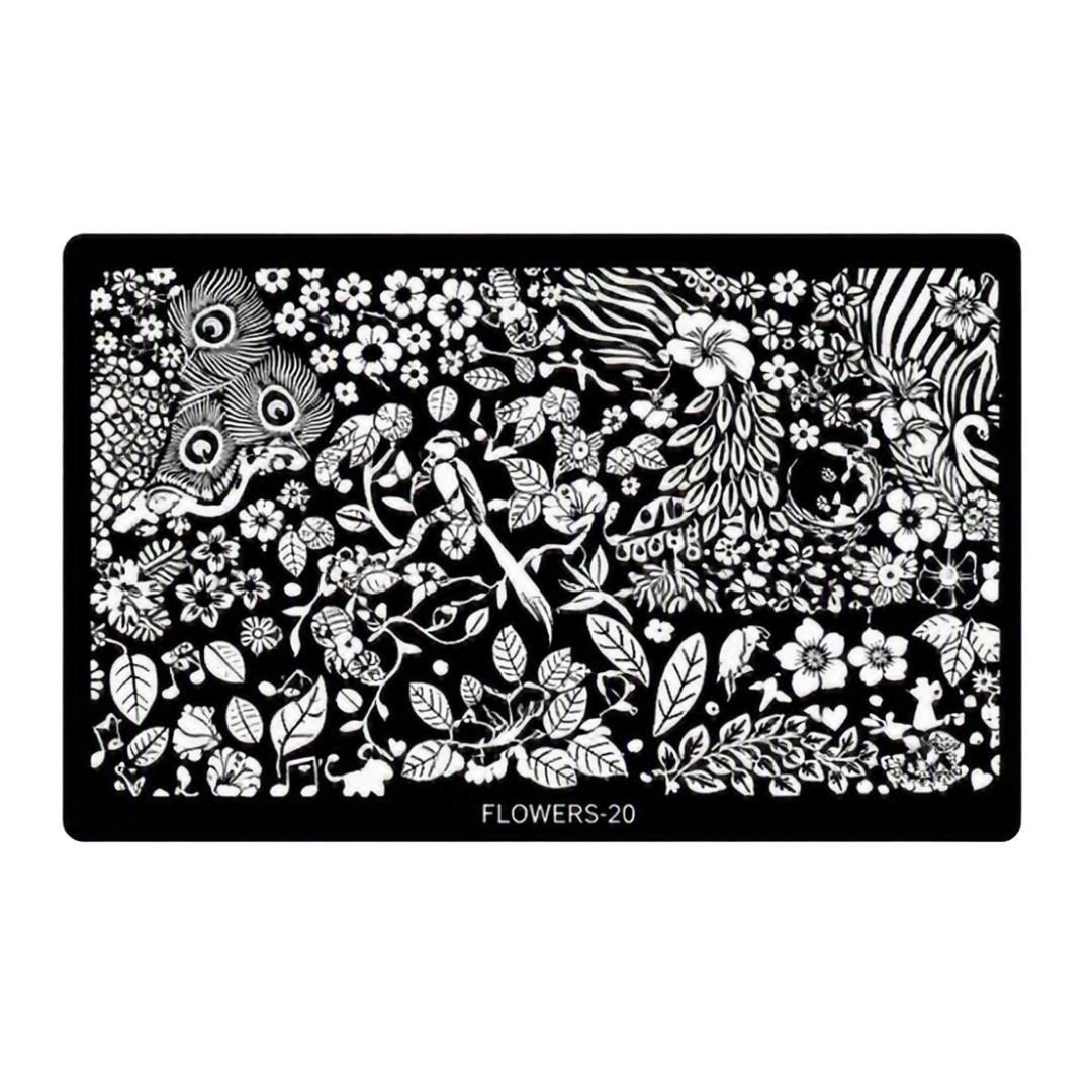 A rectangular black metal nail art stamping plate with a dense white floral and botanical pattern across the surface, labeled 'FLOWERS-20' at the bottom center, shown on a plain white background.