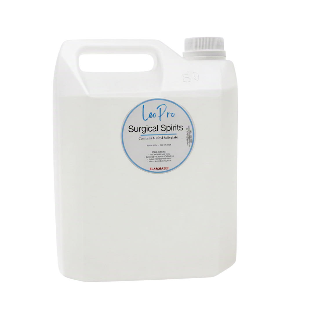 LeoPro Surgical Spirits 5 liter in clear plastic bottle with light blue and white labelling on a white background