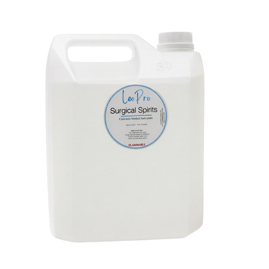 LeoPro Surgical Spirits 5 liter in clear plastic bottle with light blue and white labelling on a white background